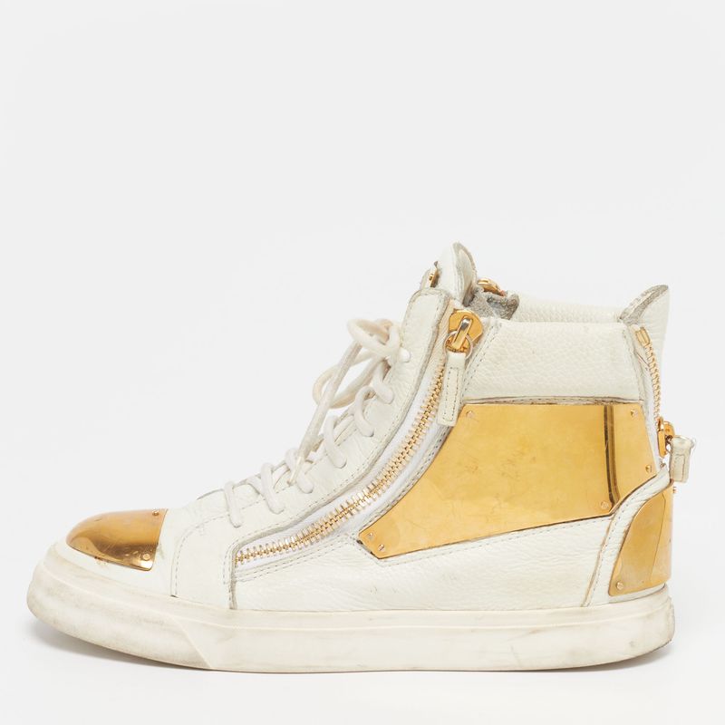 Giuseppe Zanotti Size 38.5 White Leather Metal Embellished Double Zip High Top